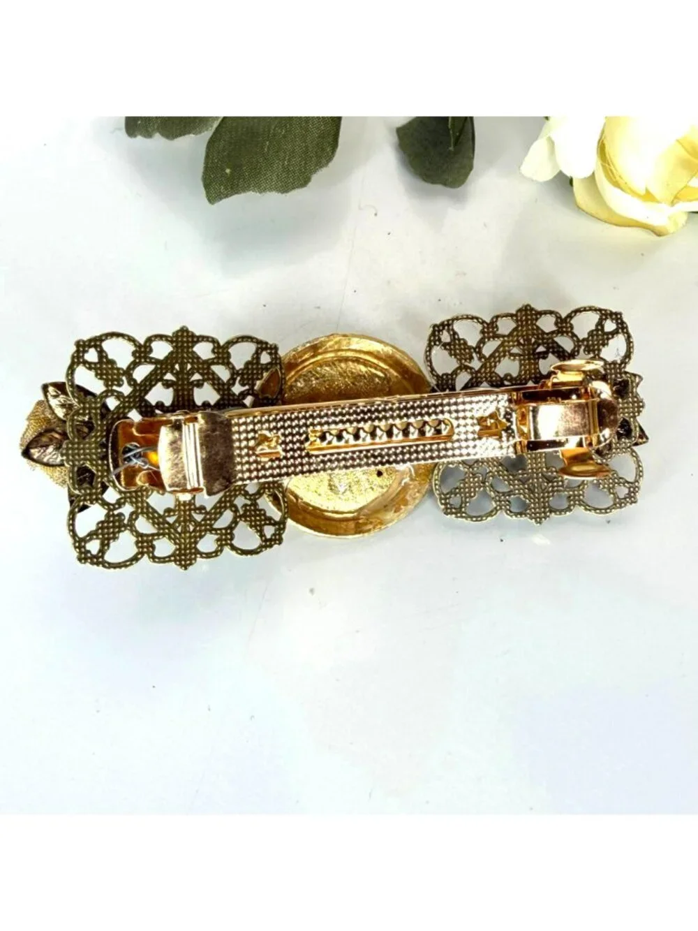 Gold Rose Filigree Barrette | One of a Kind Vintage Jewelry Hair Clip
